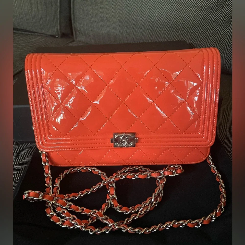 CHANEL Orange Quilted Patent Leather Crossbody Bag